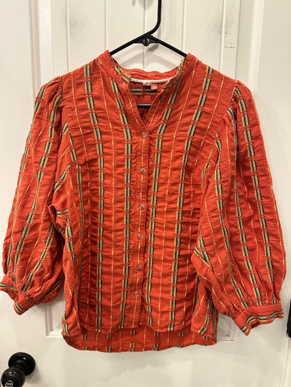 Anthropologie Pilcro Rust Red Embroidered Textured Gauze Puff Sleeve Blouse XS